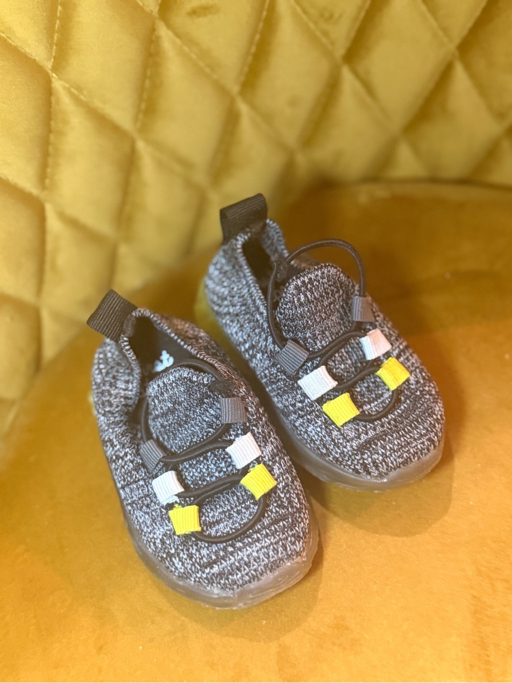 Kids Grey Knit Slip-On Sneakers with Yellow Accents
